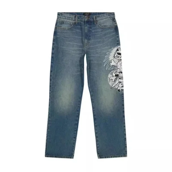 Hip Hop Punk Skull Print Baggy Blue Jeans for Women Y2k Street Wear Casual Straight Wide Leg Pants Hot Selling Denim Trousers - Image 2