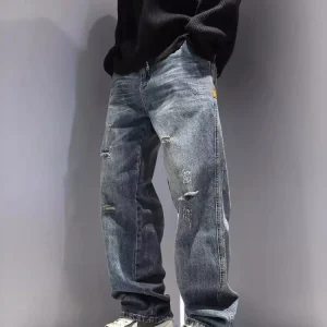 New Men's Ripped Jeans Baggy Straight Fashion Vintage Blue Denim Pants Personality Streetwear Hip Hop High Quality Male Trousers