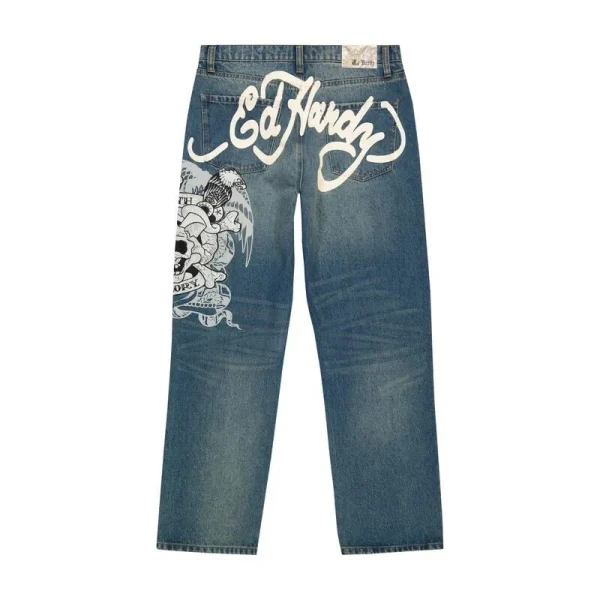 Hip Hop Punk Skull Print Baggy Blue Jeans for Women Y2k Street Wear Casual Straight Wide Leg Pants Hot Selling Denim Trousers - Image 4
