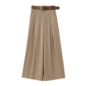 HipSeam Women Satin Trousers With Belt Spring Summer Simple Women's Pants Versatile Female Loose Pants Pocket Wide Leg Pants