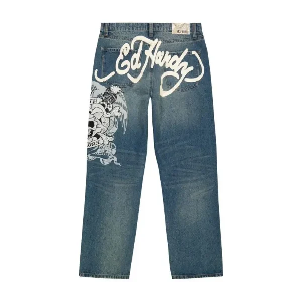 Hip Hop Punk Skull Print Baggy Blue Jeans for Women Y2k Street Wear Casual Straight Wide Leg Pants Hot Selling Denim Trousers
