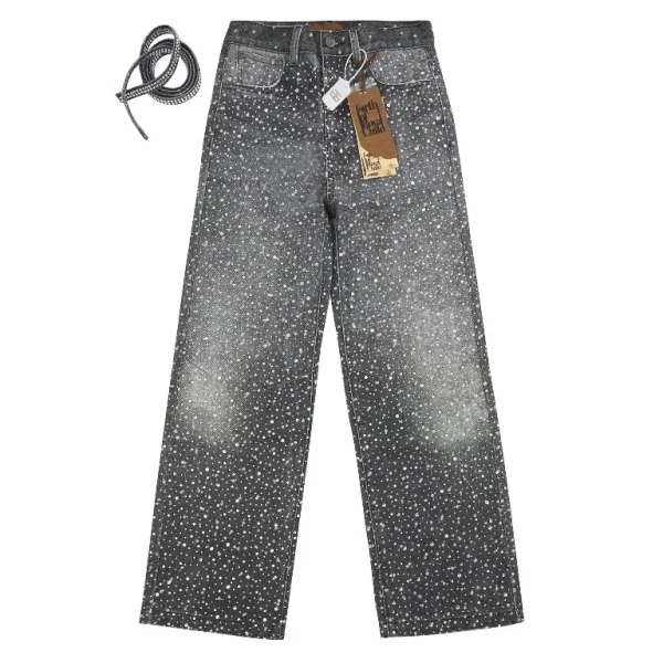 Streetwear Vintage Rhinestone Sequin Retro Black Jeans Y2K Clothes Men Women Gothic Baggy Jeans Casual Low Rise Wide Leg Trouser