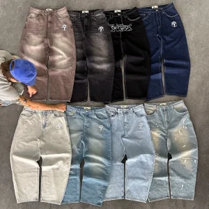 Streetwear PROTECT Jeans Y2K Mens Pants Harajuku Hip Hop Letter Embroidery Vintage Blue Baggy Jeans High Waist Wide Leg Trouser