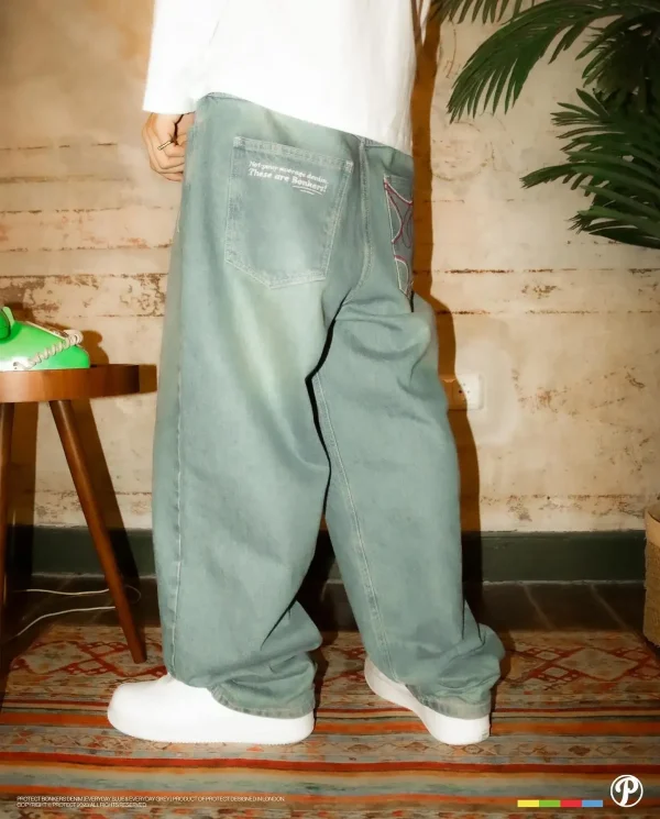 Streetwear PROTECT Jeans Y2K mens Pants Harajuku Hip Hop Letter Embroidery Vintage Blue Baggy Jeans High Waist Wide Leg Trouser - Image 6